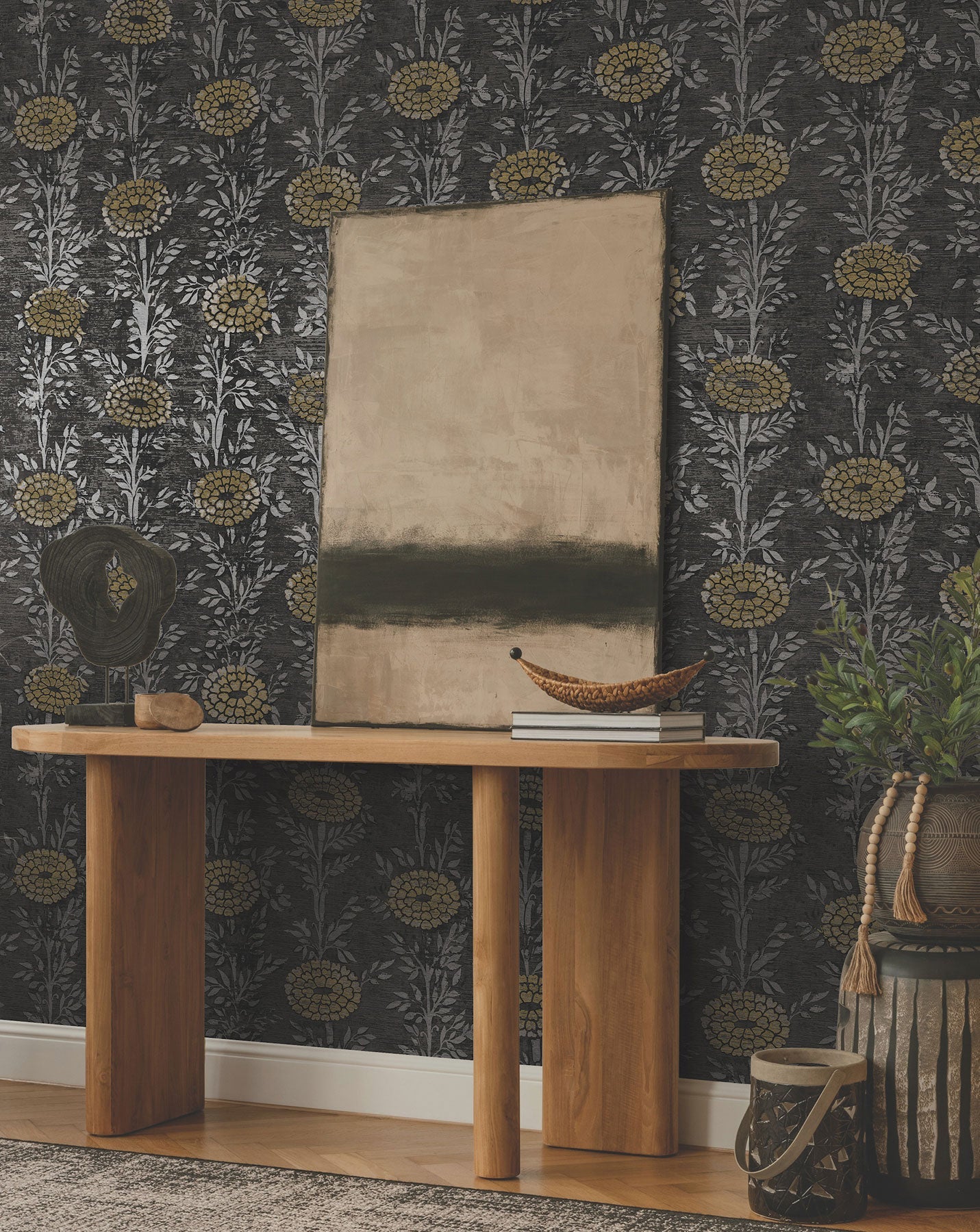 French Marigold Black & Gold Tea Garden Wallpaper by York Wallcoverings
