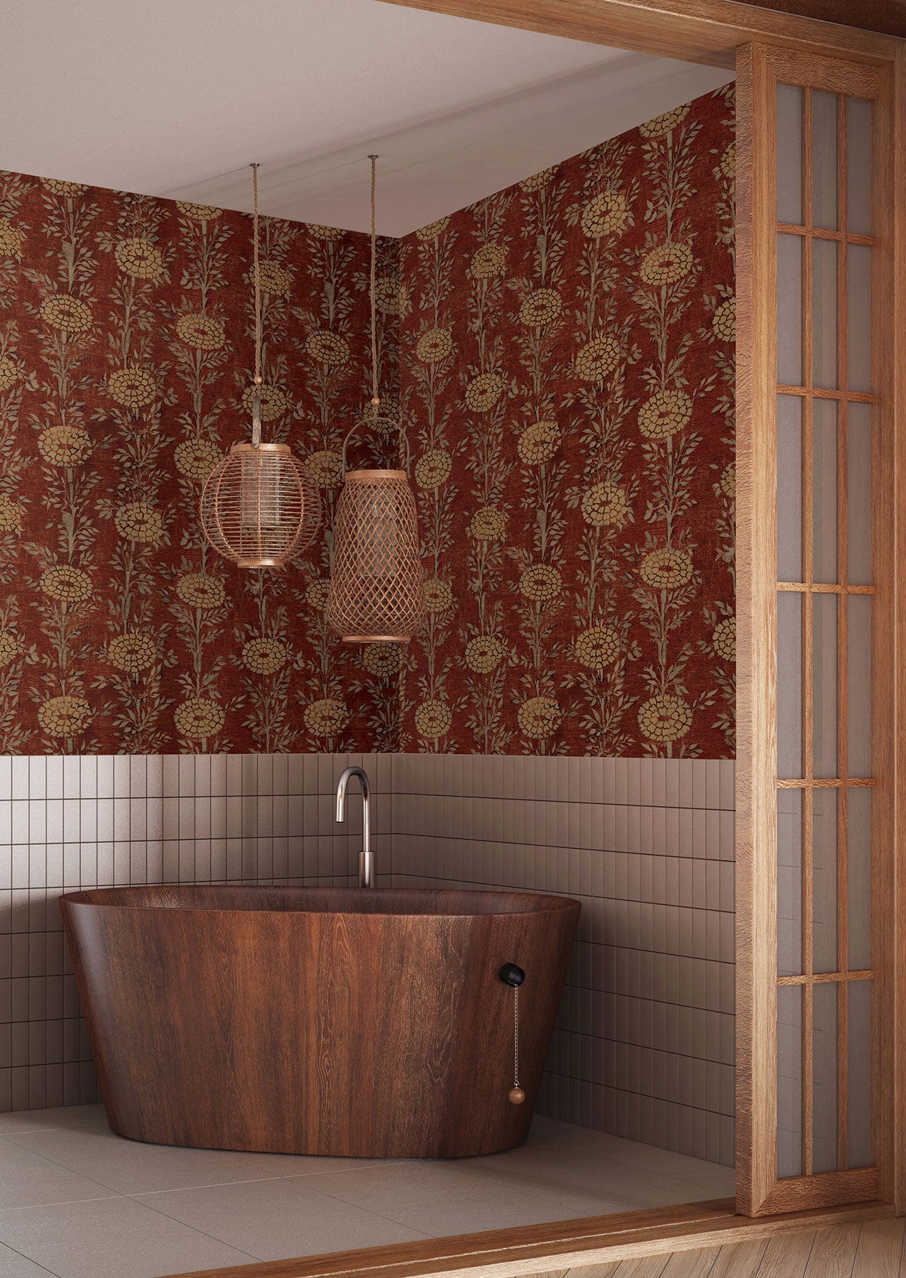 French Marigold Red & Gold Tea Garden Wallpaper by York Wallcoverings