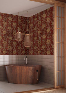 French Marigold Red & Gold Tea Garden Wallpaper by York Wallcoverings