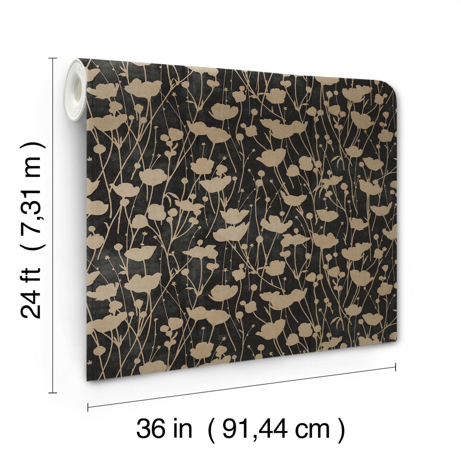 Shimmering Poppies Black & Gold Tea Garden Wallpaper by York Wallcoverings
