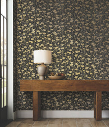 Shimmering Poppies Black & Gold Tea Garden Wallpaper by York Wallcoverings