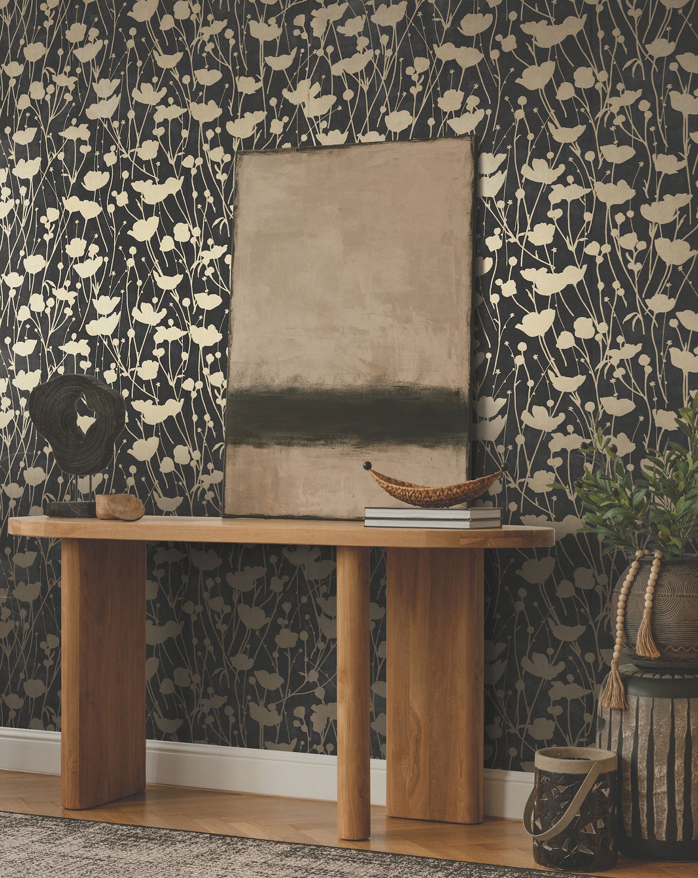 Shimmering Poppies Black & Gold Tea Garden Wallpaper by York Wallcoverings