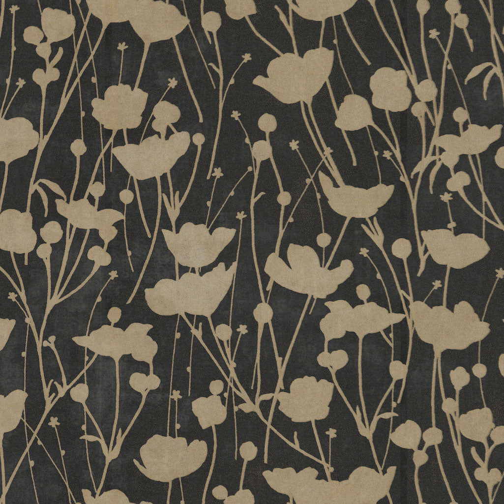 Shimmering Poppies Black & Gold Tea Garden Wallpaper by York Wallcoverings