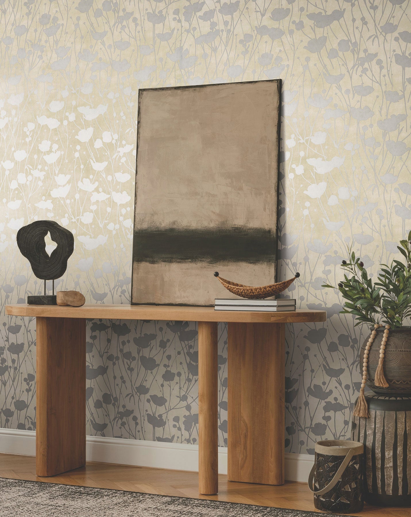 Shimmering Poppies Cream & Silver Tea Garden Wallpaper by York Wallcoverings