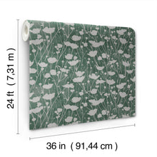 Shimmering Poppies Green & Silver Tea Garden Wallpaper by York Wallcoverings