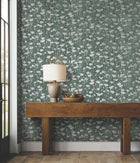 Shimmering Poppies Green & Silver Tea Garden Wallpaper by York Wallcoverings