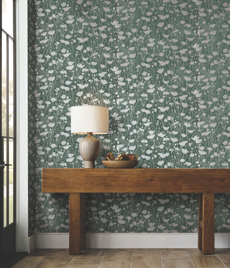 Shimmering Poppies Green & Silver Tea Garden Wallpaper by York Wallcoverings