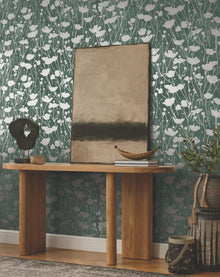 Shimmering Poppies Green & Silver Tea Garden Wallpaper by York Wallcoverings