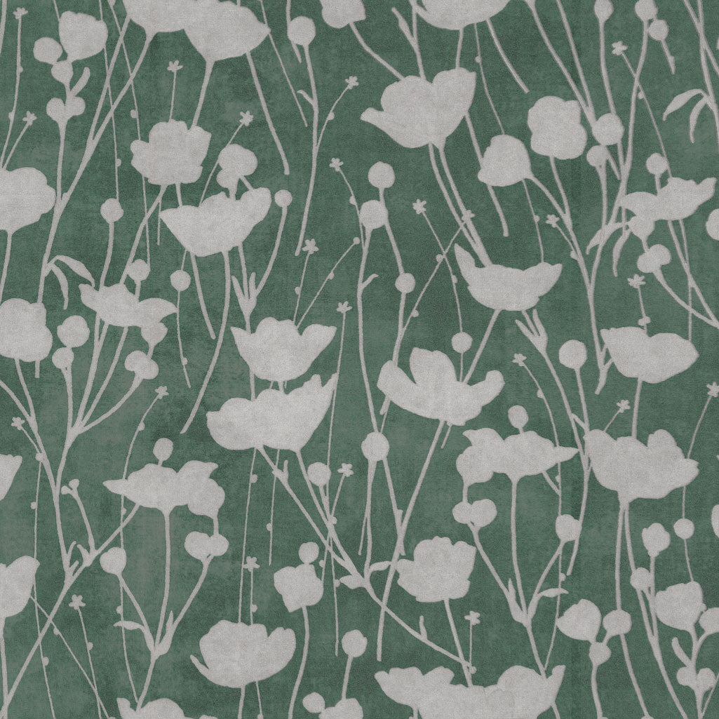 Shimmering Poppies Green & Silver Tea Garden Wallpaper by York Wallcoverings