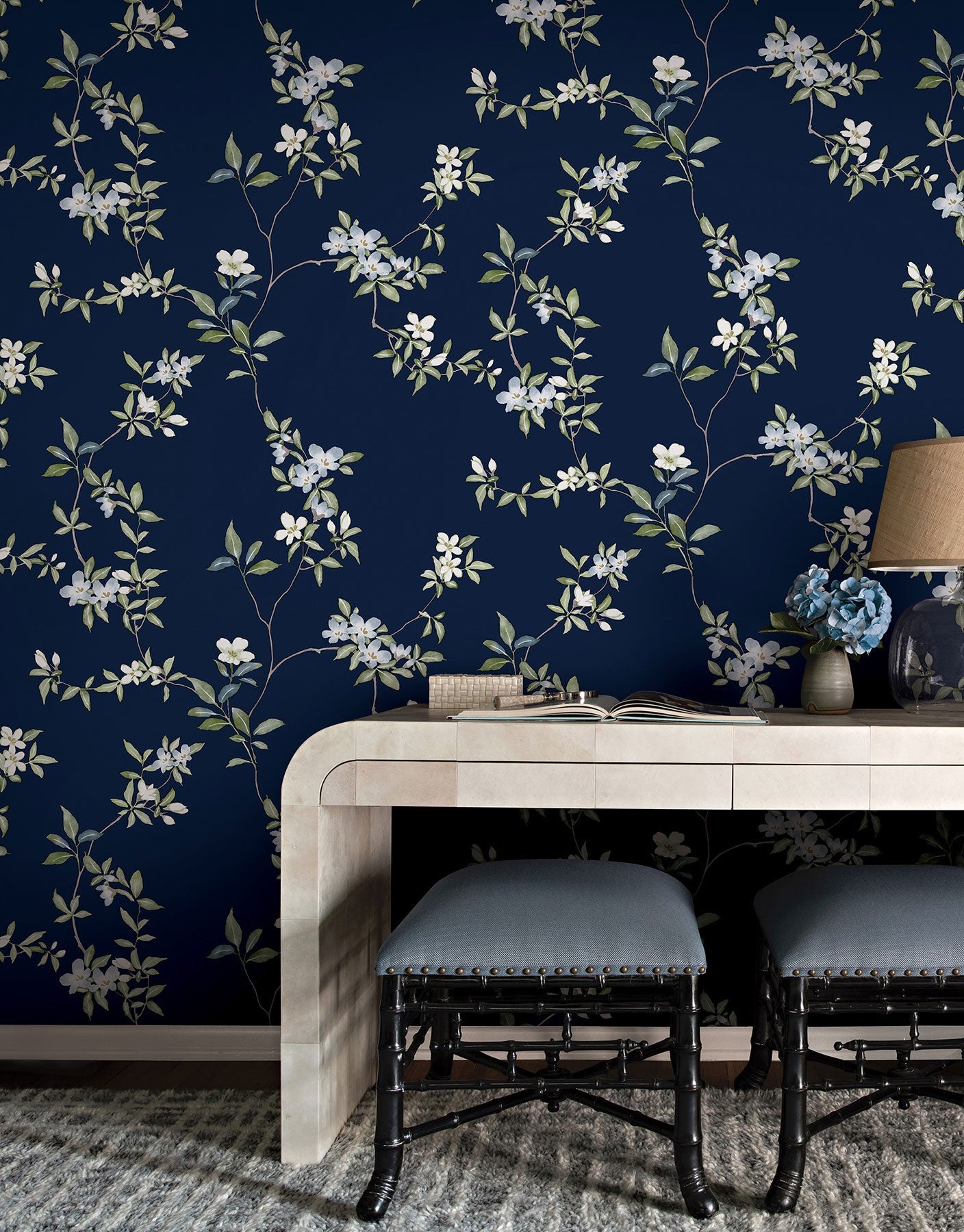 April Blossom Navy Tea Garden Wallpaper by York Wallcoverings